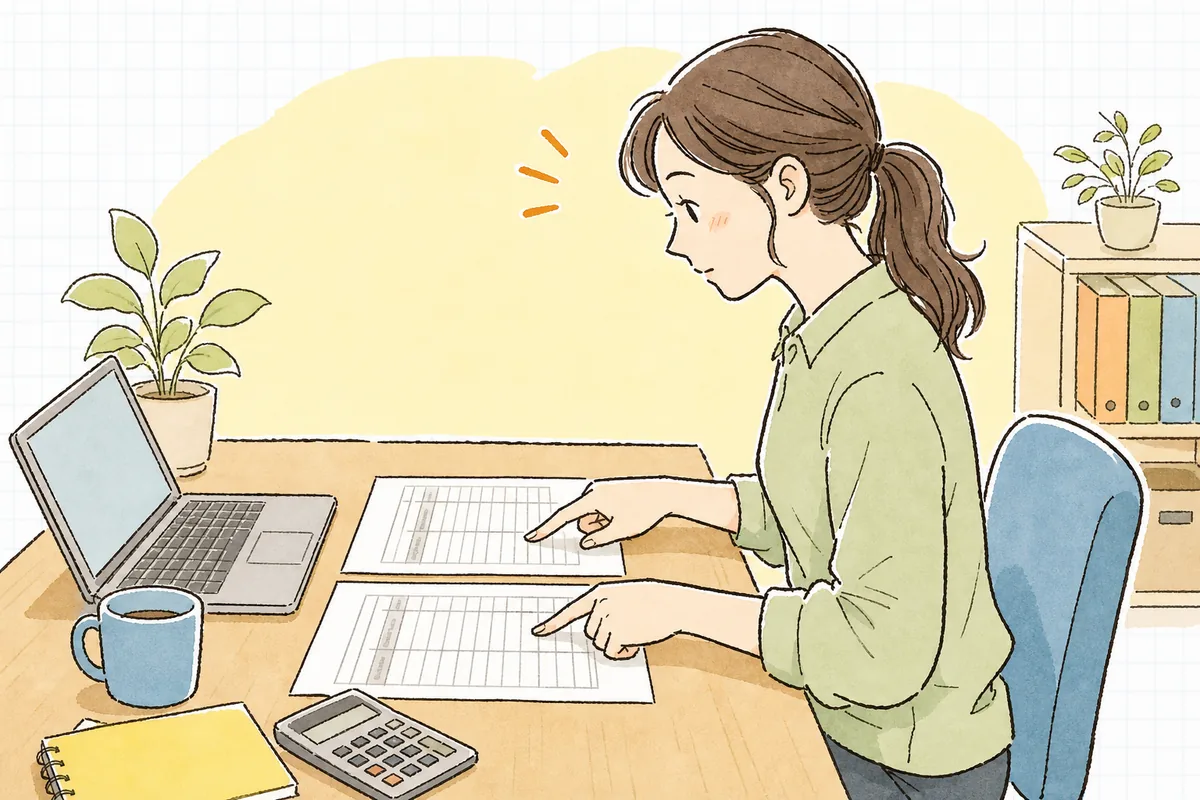 会計ソフトの試算表を印刷した紙を手に、先月分と見比べながら数字を確かめているひとり経理の担当者