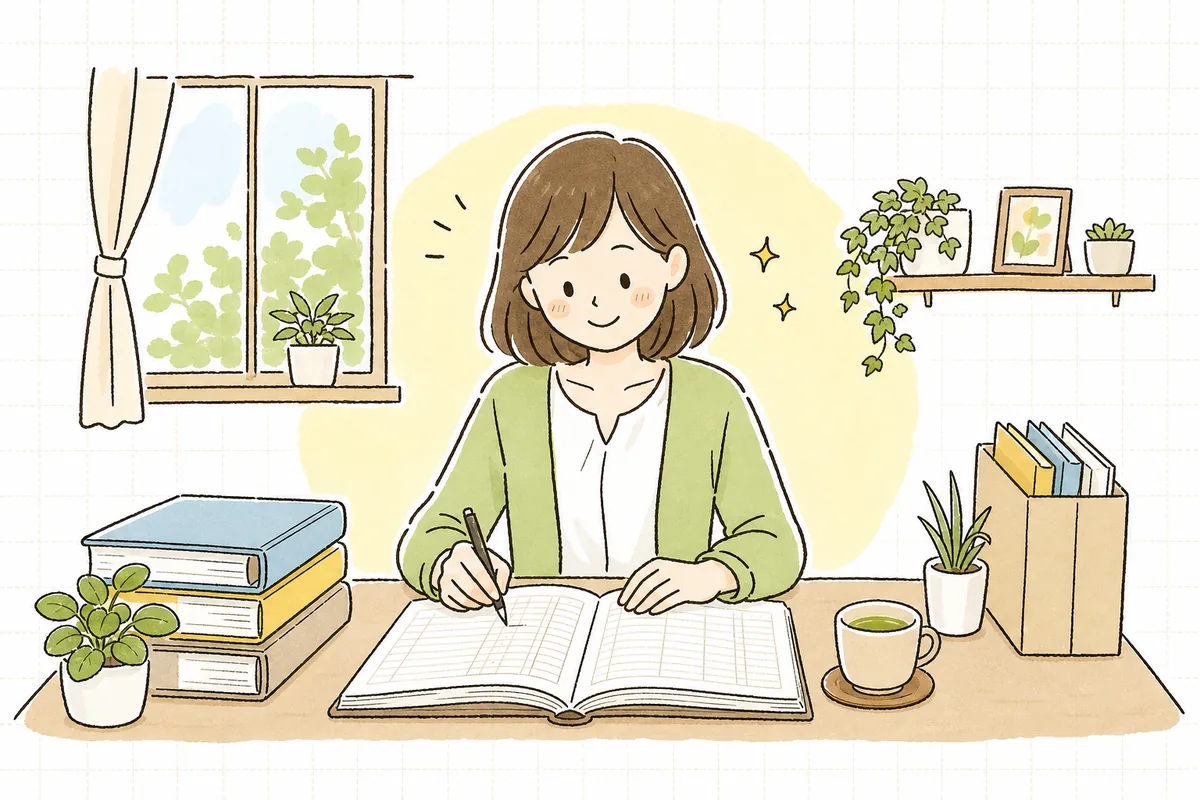 仕訳の迷いが減り、すっきりした表情で記帳を進めるひとり経理の担当者