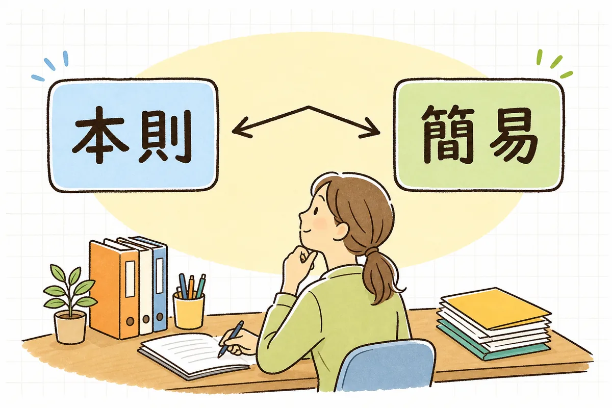 仕入や経費が多い会社は本則課税、売上中心で経費が少ない会社は簡易課税が向きやすいという判断の目安を示した図