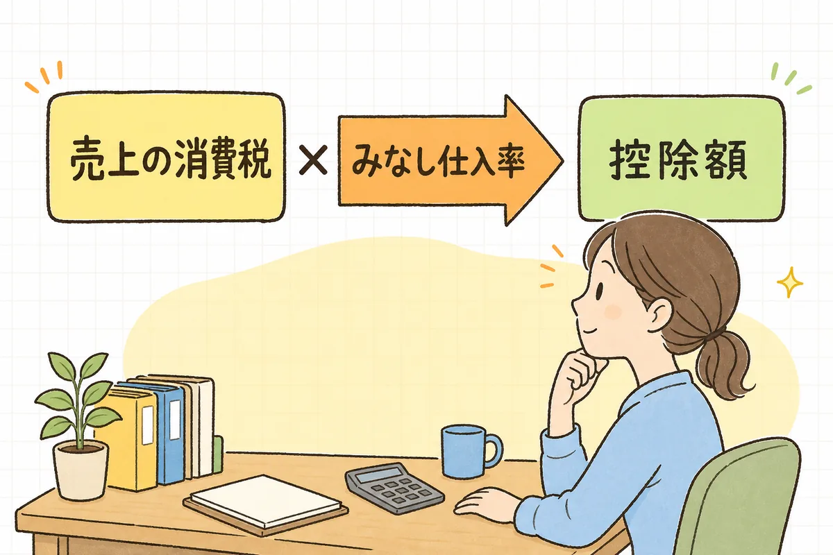 売上にかかった消費税に業種ごとのみなし仕入率を掛けて控除額を計算する簡易課税のしくみを示した図