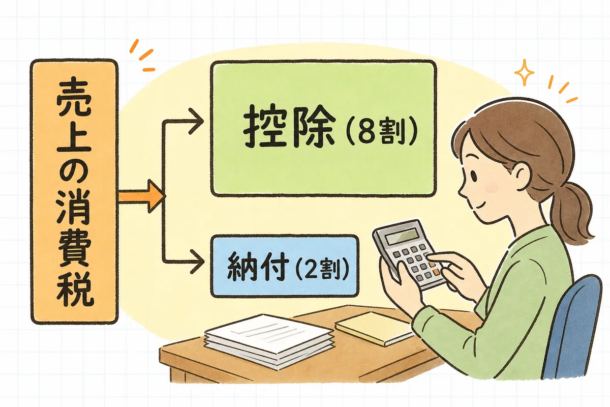 売上で預かった消費税のうち8割を控除し、残り2割だけを納付する2割特例の計算イメージを示した図