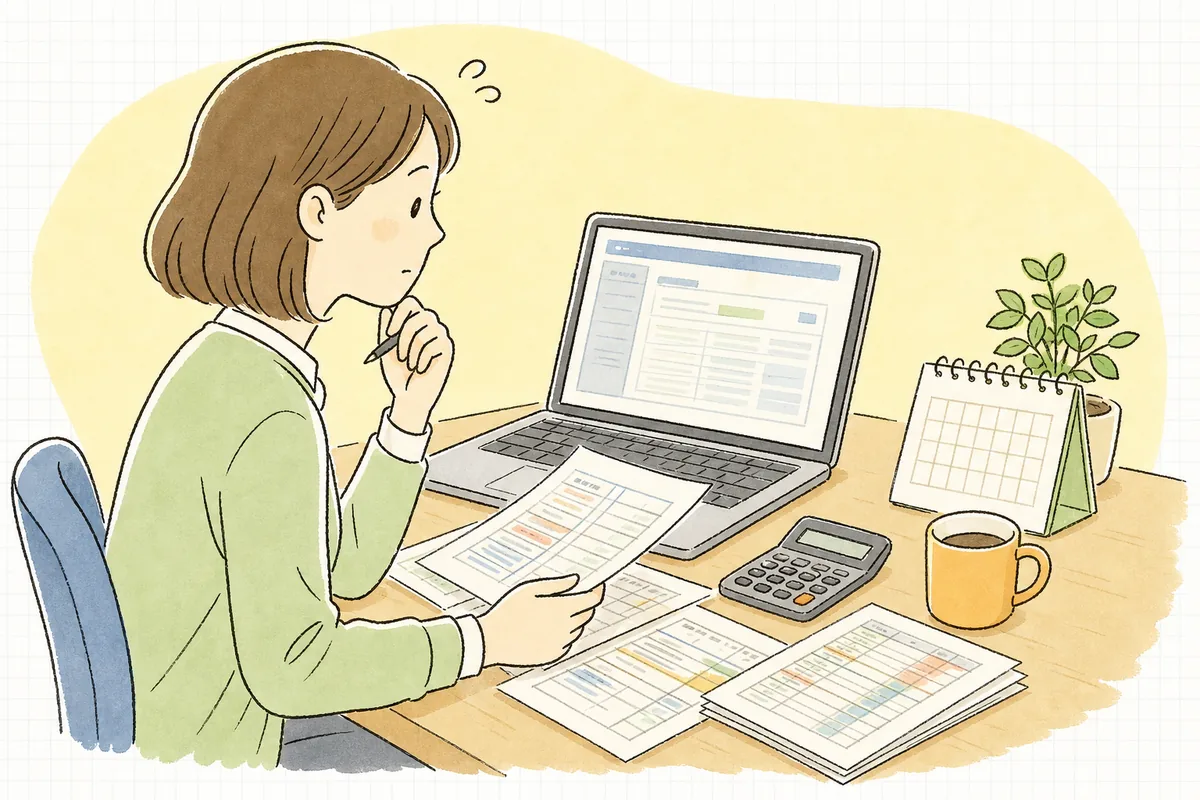 事務所のデスクで、消費税の申告書と会計ソフトの画面を見比べながら「うちも2割特例が使えるのかな」と確かめている中小企業の経理担当者
