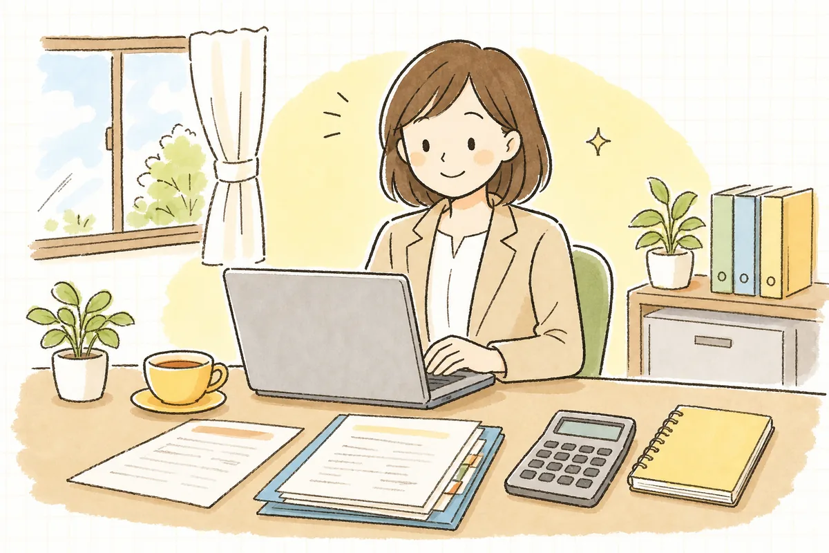 2割特例の対象かどうかを確認し終え、消費税の申告の見通しが立って落ち着いた表情の中小企業の経理担当者