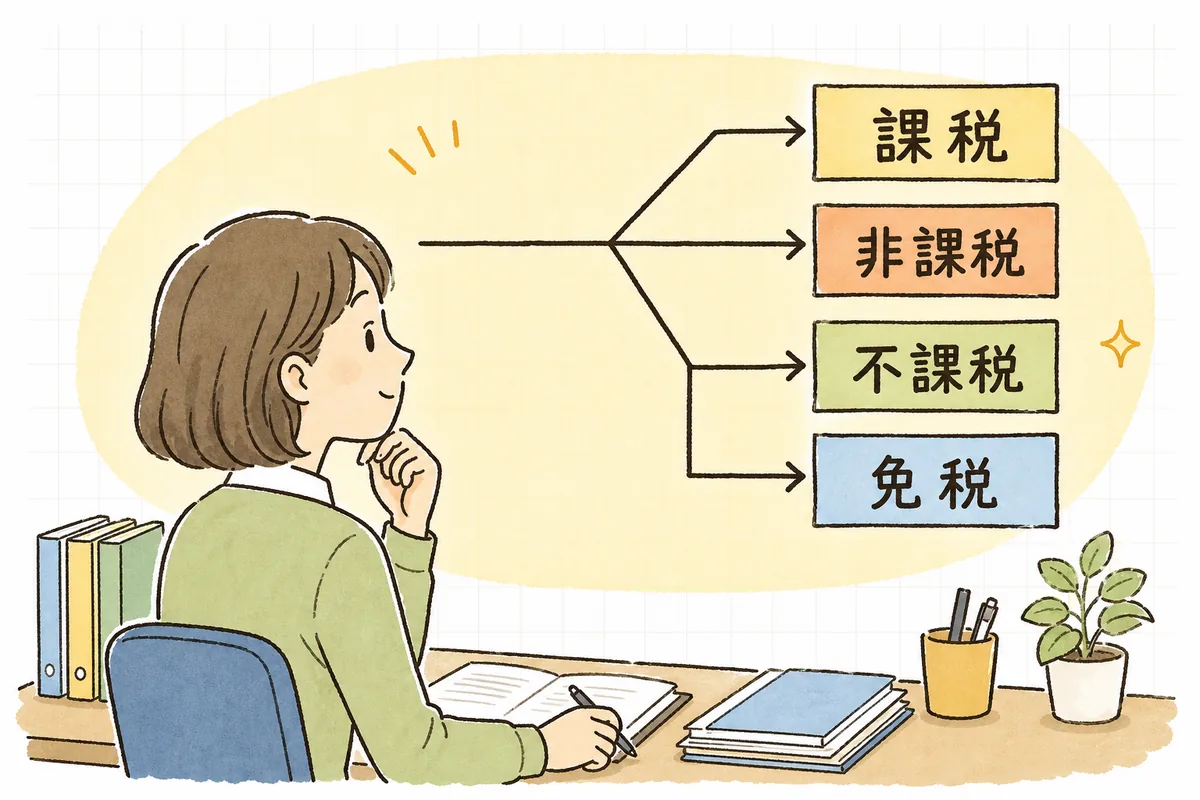 課税・非課税・不課税・免税の4つの税区分を、対価のある国内取引かどうかで枝分かれさせて示した判断の図