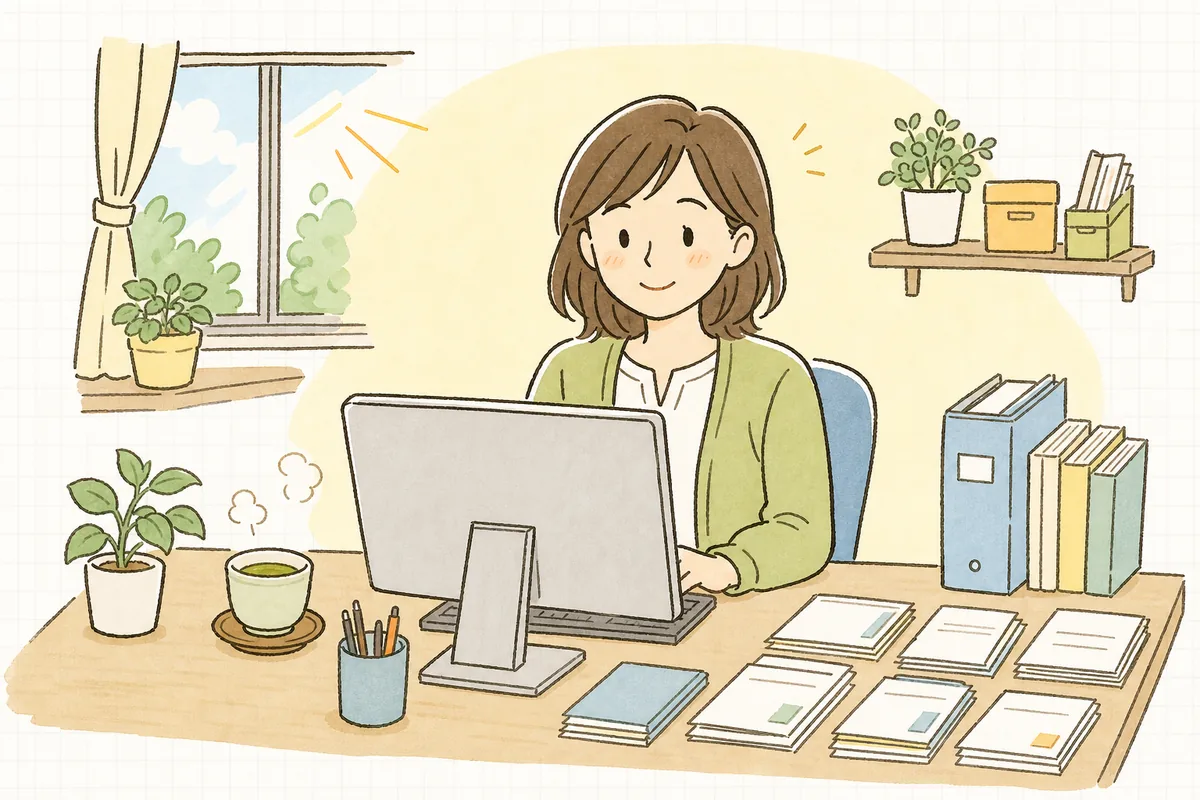 よく使う取引の税区分を会計ソフトに登録し終え、これで入力に迷う回数が減ると安心した表情のひとり経理の担当者