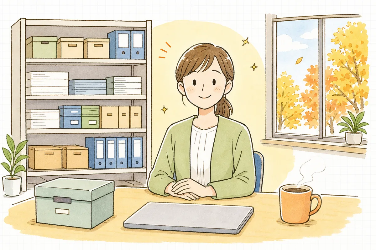 期末の確認を終えて、きれいに整理された備品棚と、印紙や切手をまとめた小さな保管箱を前に、ほっとした表情でひと息ついているひとり経理の担当者