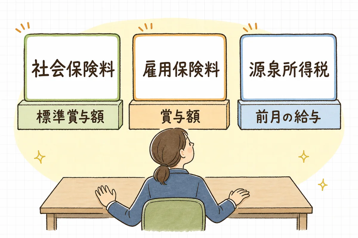 賞与から引く社会保険料は標準賞与額、雇用保険料は賞与額、源泉税は前月の給与を土台にするという3つの計算の土台の違いを並べた図
