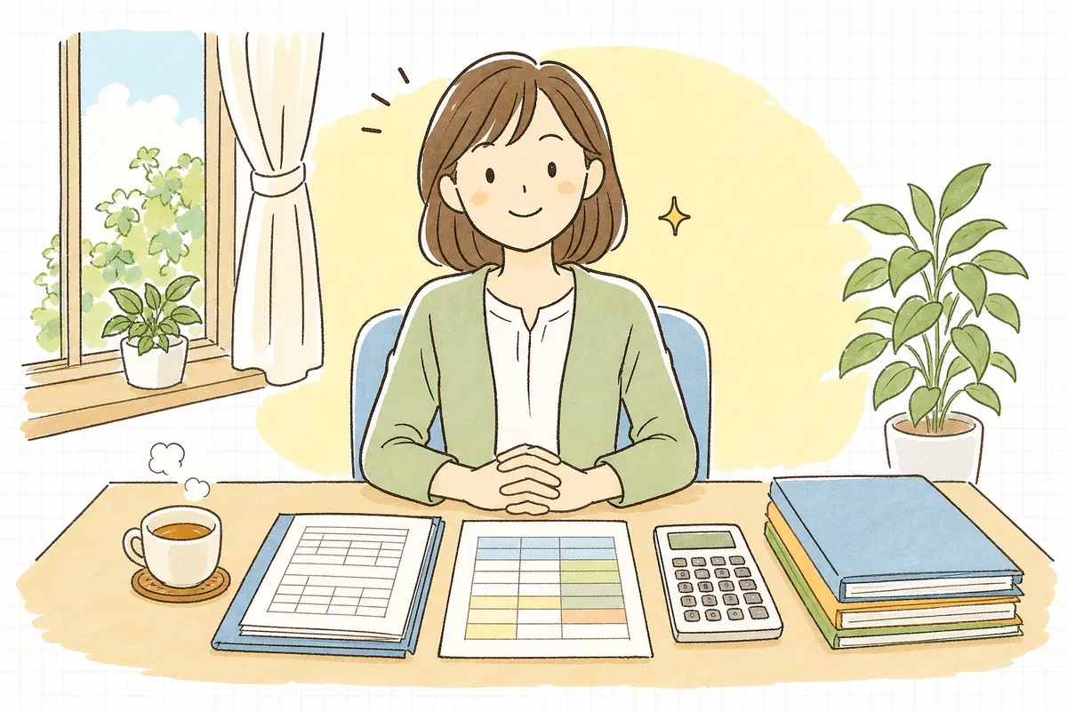 賞与の社会保険料・雇用保険料・源泉税の計算を終え、賞与明細と保険料額表を片づけて落ち着いた表情のひとり経理の担当者