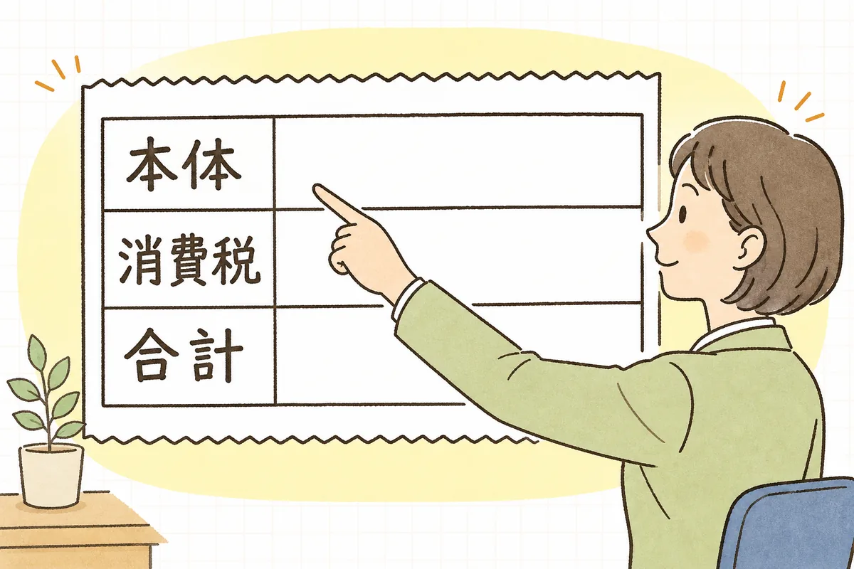 領収書の金額欄を本体・消費税・合計の3行に分け、印紙の判定に使うのは本体の行であることを示した図