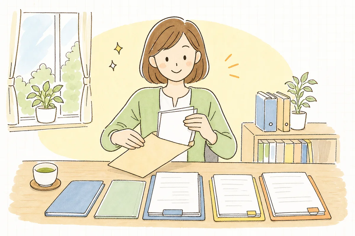 領収書の判断と印紙の処理を終え、書類をきれいにそろえて落ち着いた表情で次の仕事に進むひとり経理の担当者