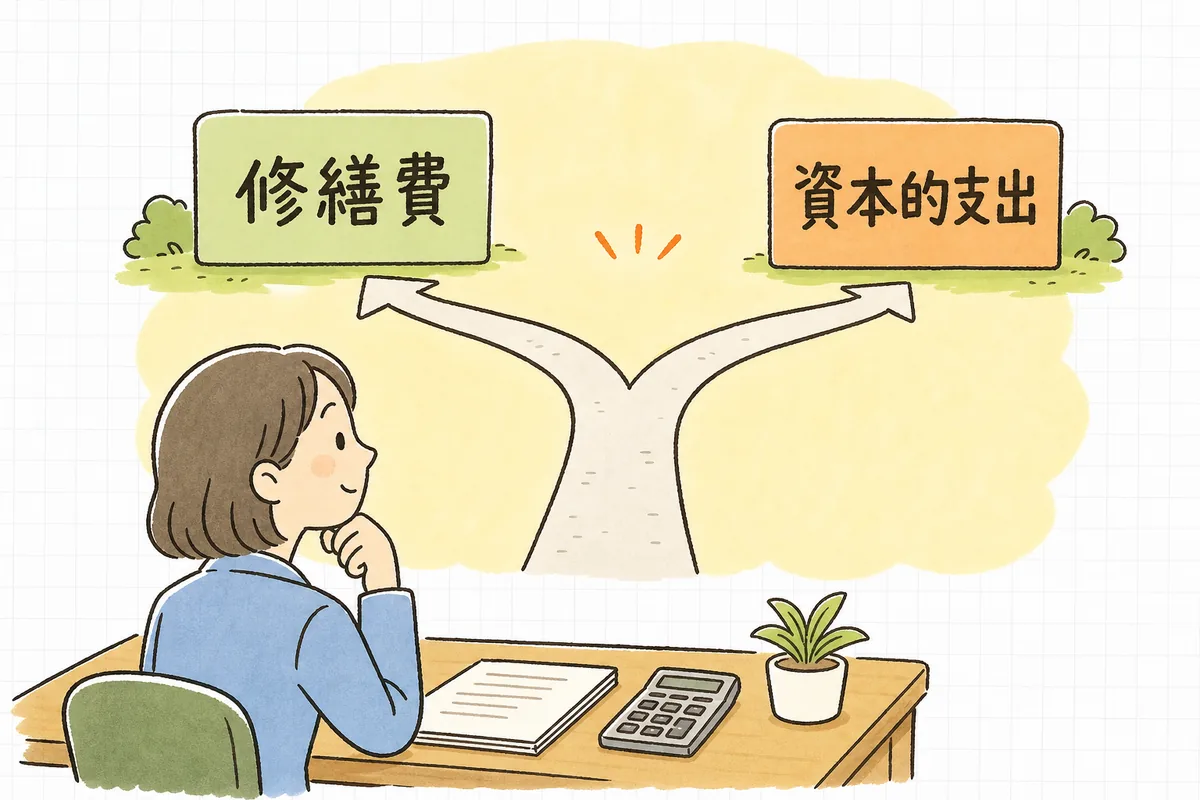 直したときの支出が原状回復なら修繕費、価値アップなら資本的支出に分かれることを示した判断の図