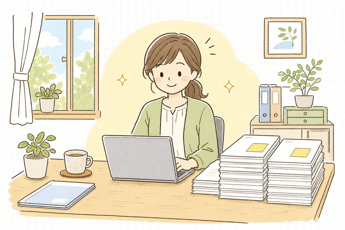 大きな工事の見積書に確認の印をつけ、迷いを残さず処理を進められて落ち着いた表情のひとり経理の担当者