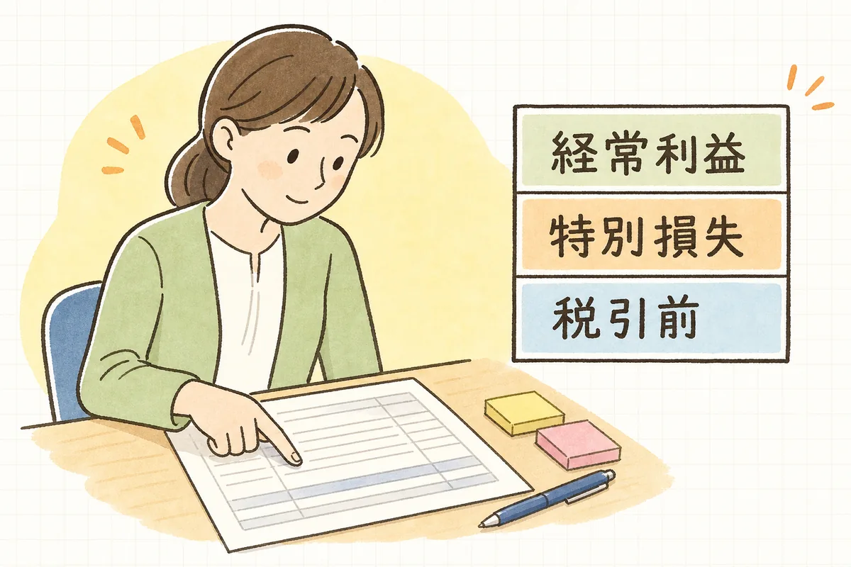 経常利益に、その期だけの一時的な特別利益・特別損失を加減して税引前当期純利益になる流れを示した図