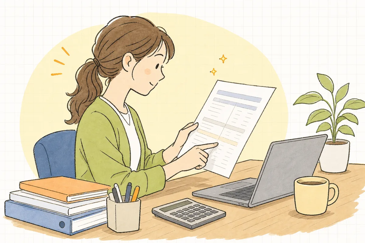 会計ソフトから印刷した損益計算書を手に、上から順に利益の行を指でたどりながら会社のもうけを読み解いているひとり経理の担当者