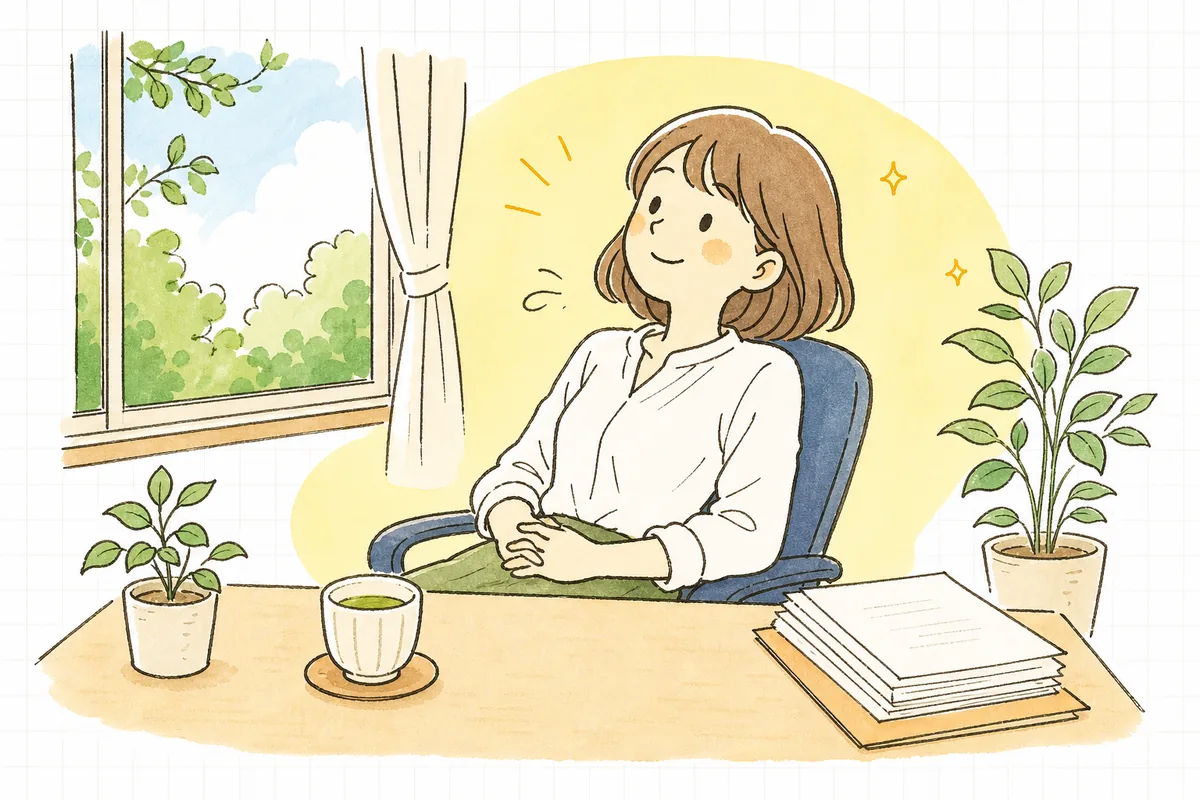 損益計算書の確認を終えて、窓の外の明るい景色を見ながらほっと一息つくひとり経理の担当者