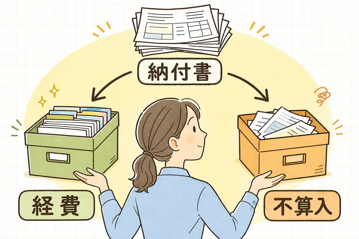 届いた納付書を、税金の計算に入る経費になるものと、計算から外れる不算入のものに振り分ける様子を示した図