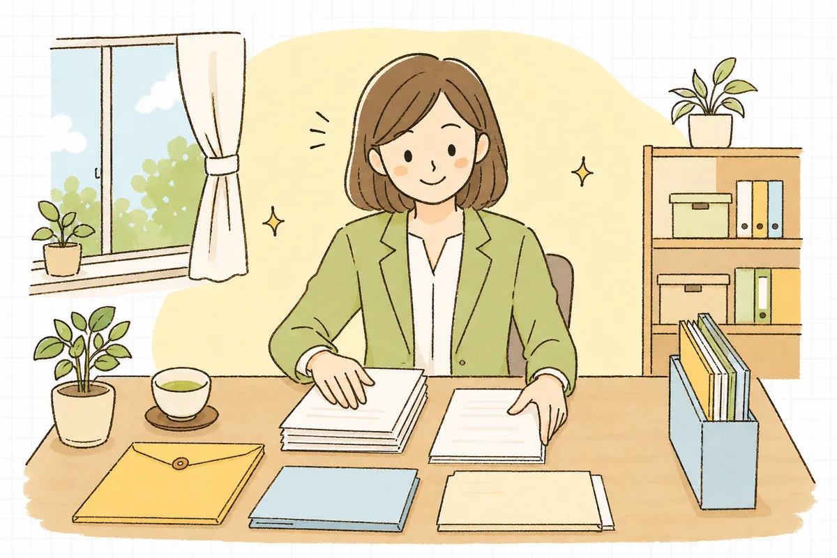 租税公課の内訳を確認し終え、納付書をきれいにそろえて落ち着いた表情で作業を進めるひとり経理の担当者