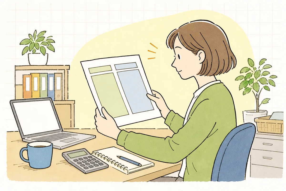 会計ソフトから印刷した貸借対照表を左右に見くらべながら、会社の財産とその出どころを読み解いているひとり経理の担当者
