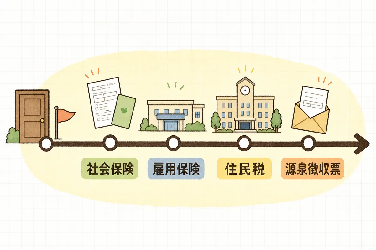 退職日を起点に、社会保険・雇用保険・住民税・源泉徴収票の4つの手続きが期限の近い順に並んでいることを示した時系列の図