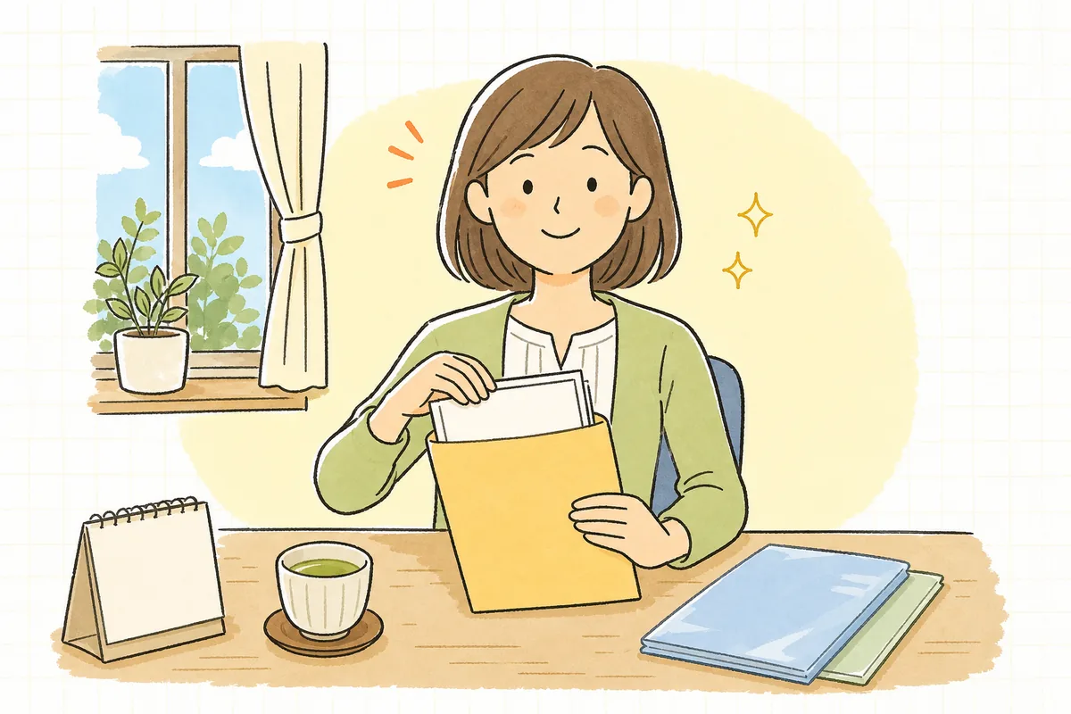 退職の手続きをひととおり終え、書類をきれいにそろえて封筒に納め、落ち着いた表情で顔を上げているひとり経理の担当者