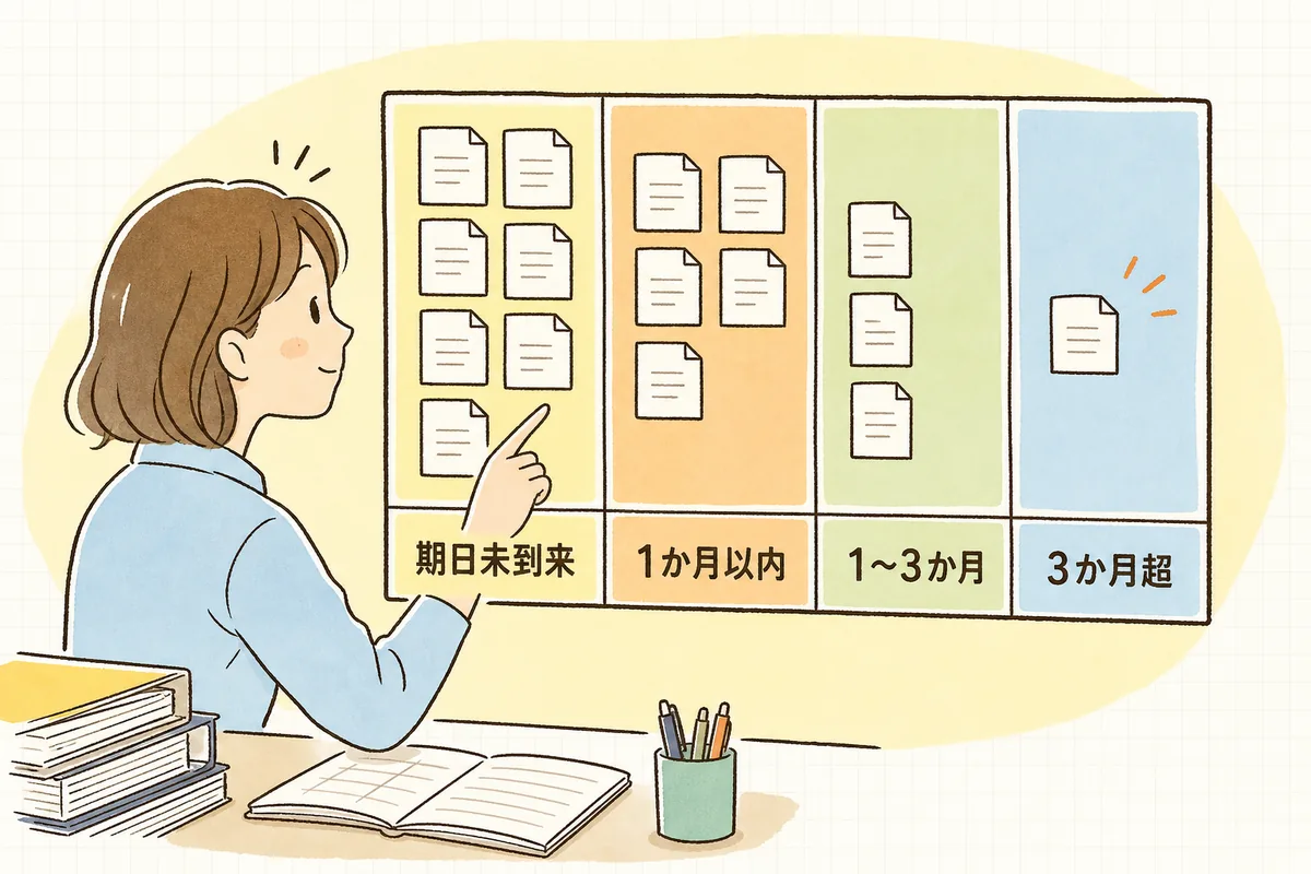 売掛金の一覧を、期日未到来・1か月以内・1〜3か月・3か月超の4つの区分に並べ替えると、古い未回収が右端に浮かび上がることを示した図