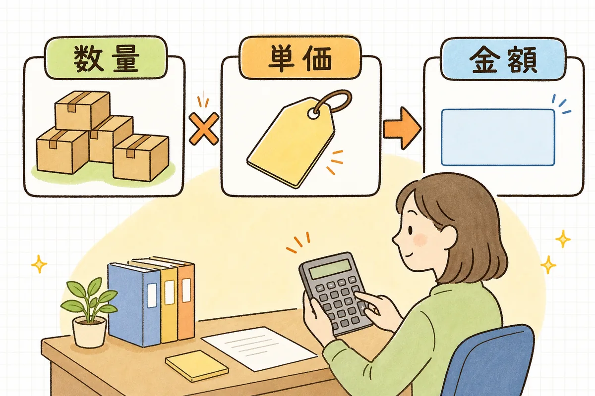 数えた在庫の数量に単価をかけて在庫金額を出すという評価の流れを、数量×単価＝金額の形で示した図
