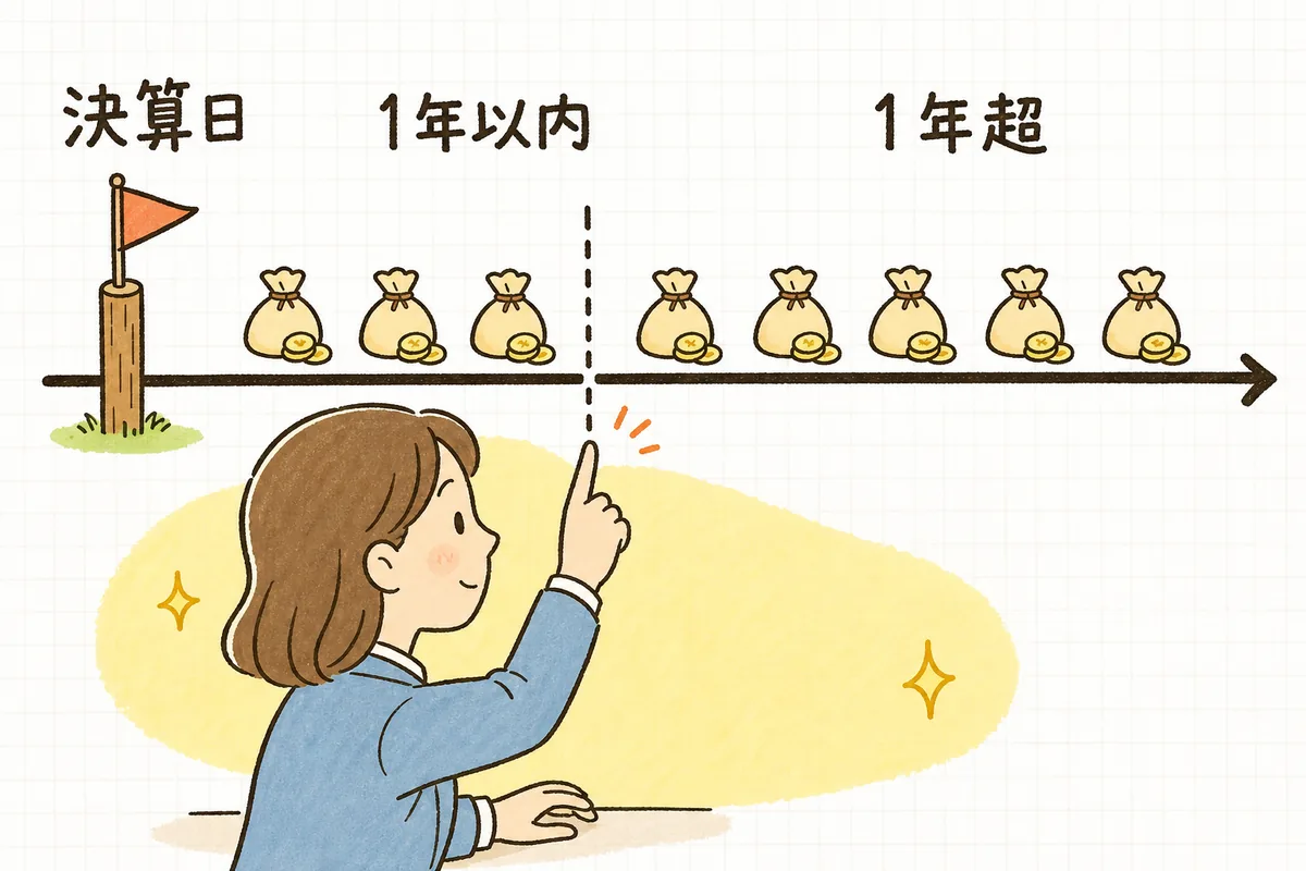 決算日から右へ伸びる時間の線を、1年の位置で区切り、手前の1年以内に返す元金と、その先の1年超に返す元金に分けた図