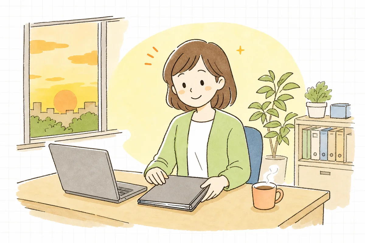 決算資料の借入金の数字がぴったり合い、肩の力が抜けた穏やかな表情で返済予定表のファイルを閉じるひとり経理の担当者