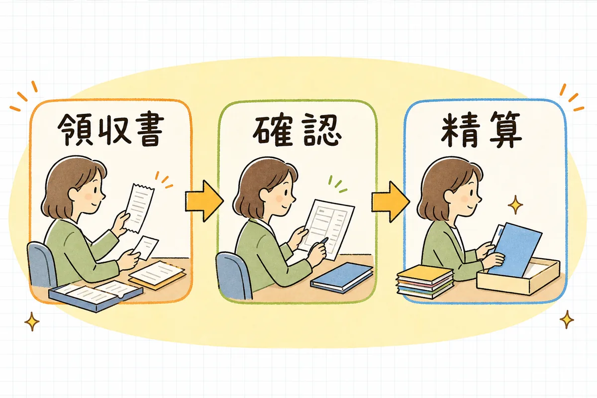領収書を集めて金額を確認し経費に振り替えて残高を消すまでの精算の手順を示した図