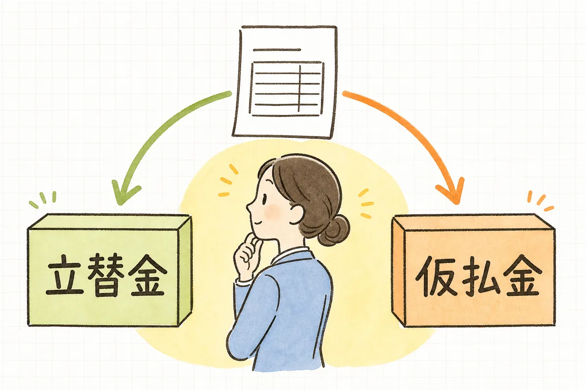 お金が先に動いたのが従業員側か会社側かで立替金と仮払金に振り分ける判断の図