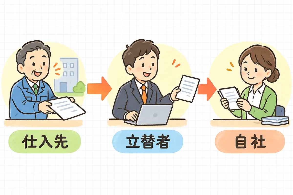 左に請求書を出す仕入先、中央にまとめて支払いインボイスを受け取った立替者、右に精算書とコピーを受け取る自社、の3者を左から右へ矢印でつないだ立替払いの流れ図