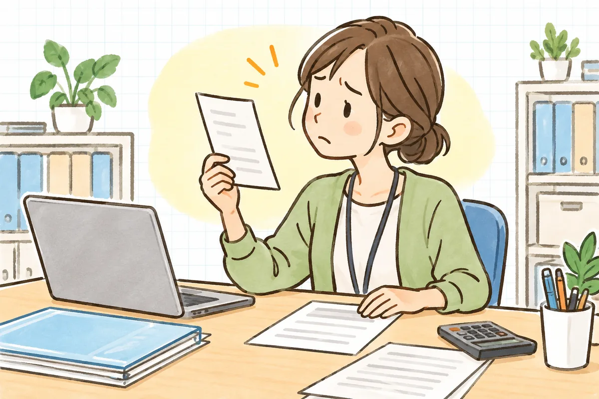 同じビルの別会社から届いた共用部の電気代の請求と、宛名が別会社になっている領収書のコピーを見比べて、どう処理すればいいか考えているひとり経理の担当者