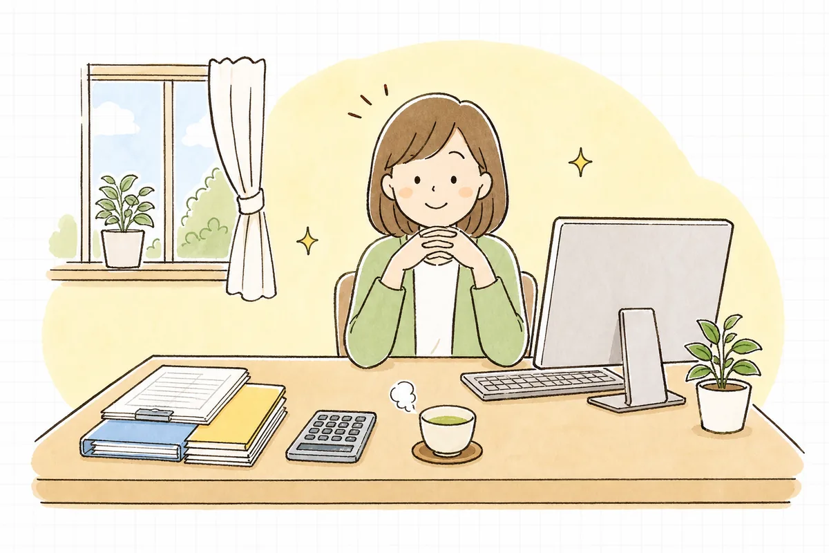 間違えた仕訳を正しい手順で直し終え、帳簿が整って落ち着いた表情のひとり経理の担当者