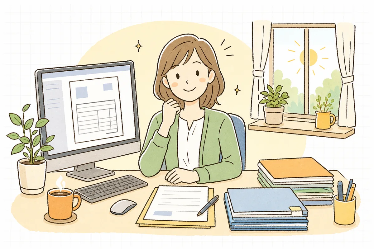 見直しを終えた請求書フォーマットを前に、これで取引先にも安心して渡せると肩の力が抜けた表情のひとり経理の担当者