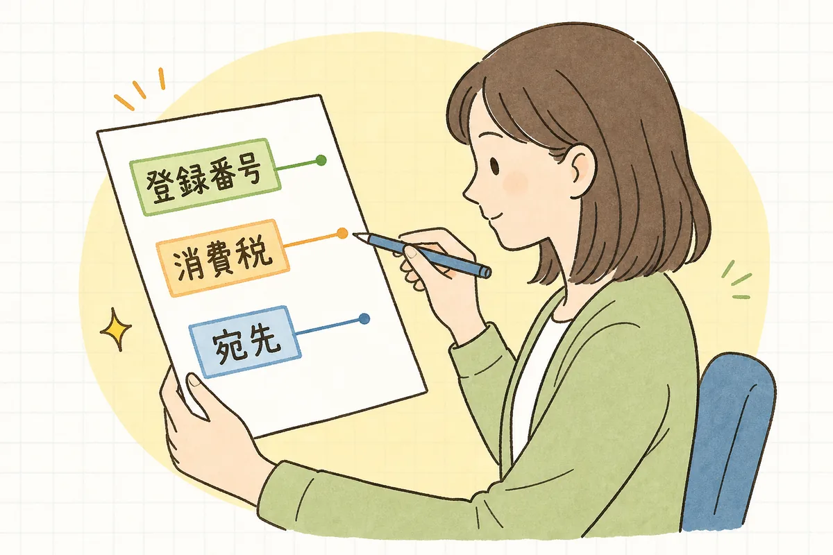 受け取ったインボイスで確認する3点を、登録番号・税率ごとの消費税・宛先の3項目として並べた点検図