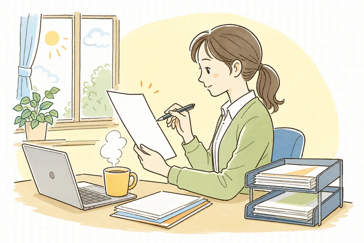 取引先から届いた請求書を手に取り、登録番号や税率の記載を確認しながら保存の準備をしているひとり経理の担当者