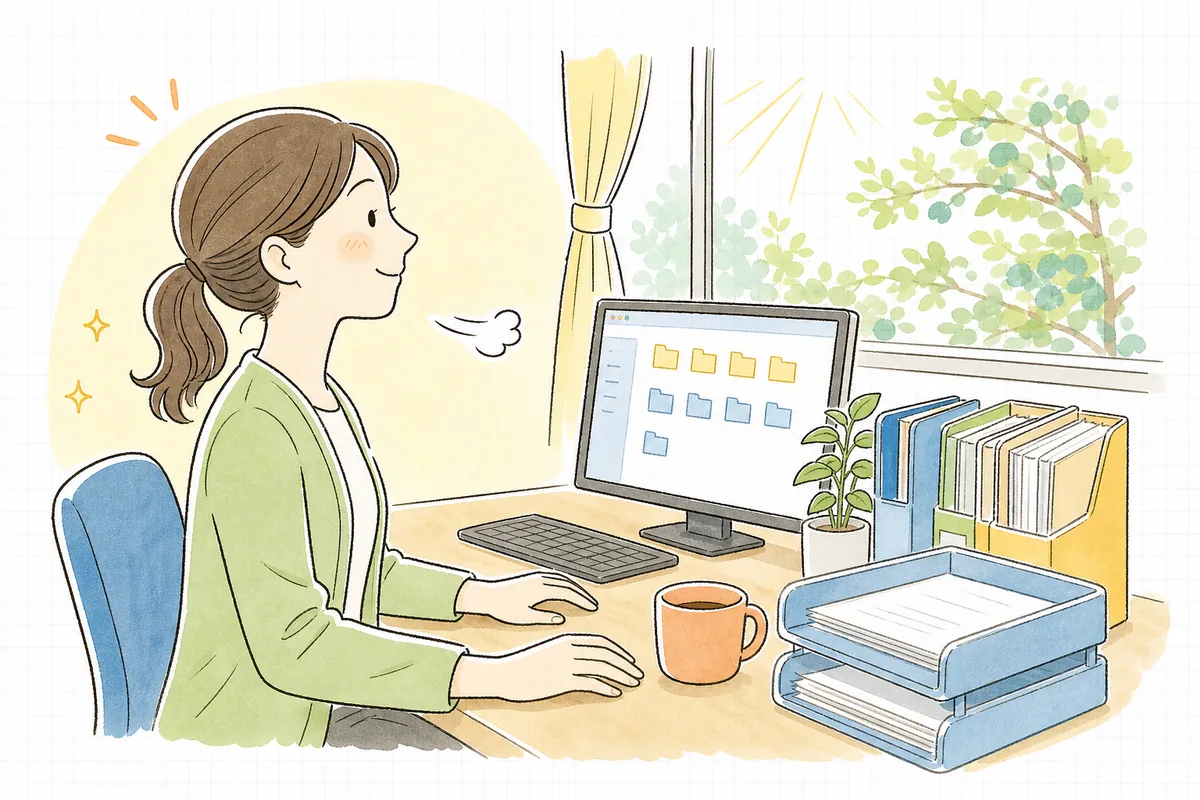 受け取った請求書の確認と保存を終え、整理されたファイルとフォルダを前に少しほっとしているひとり経理の担当者