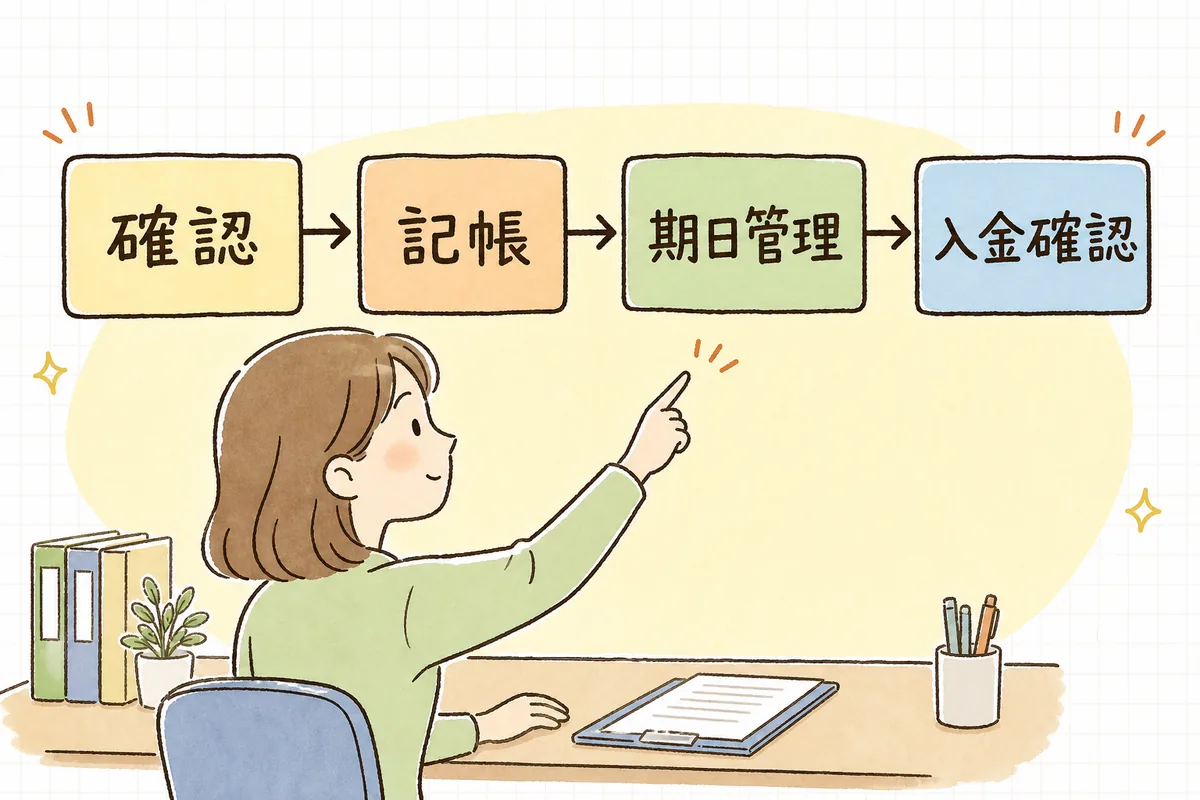 手形・でんさいを受け取ってから消し込むまでを、確認・記帳・期日管理・入金確認の順に並べた流れの図