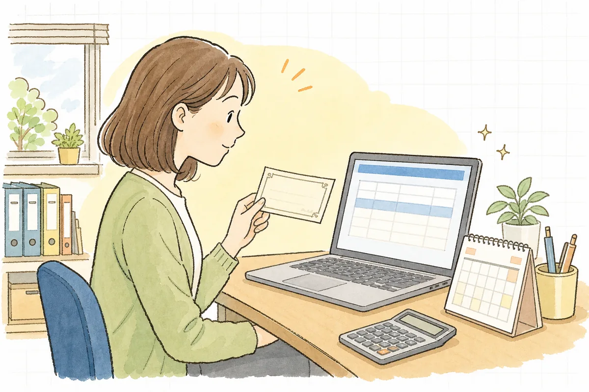 取引先から受け取った紙の手形と、パソコンに表示されたでんさいの入金予定を見比べ、期日を確かめているひとり経理の担当者