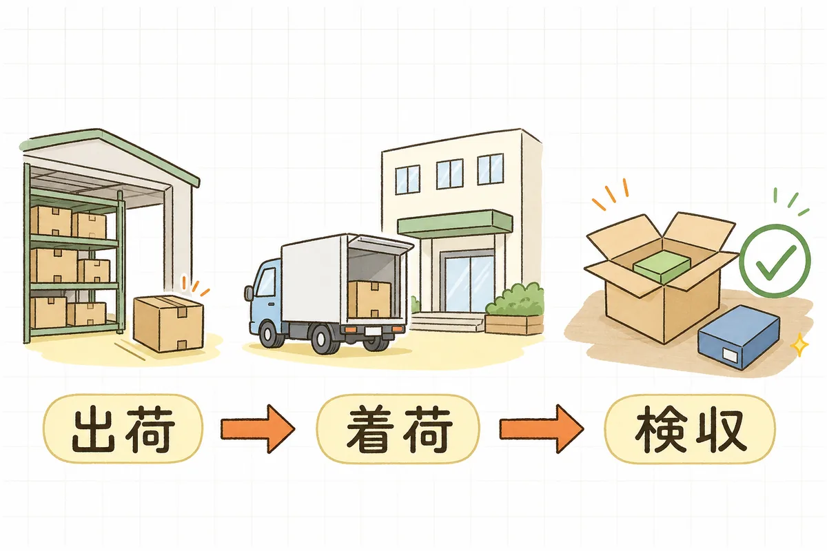 左から右へ、倉庫から段ボール箱を出荷する場面、トラックで相手の会社に箱が届く場面、相手の担当者が箱の中身を確かめる場面の3つを矢印でつなぎ、それぞれの下に出荷・着荷・検収のラベルを置いた図