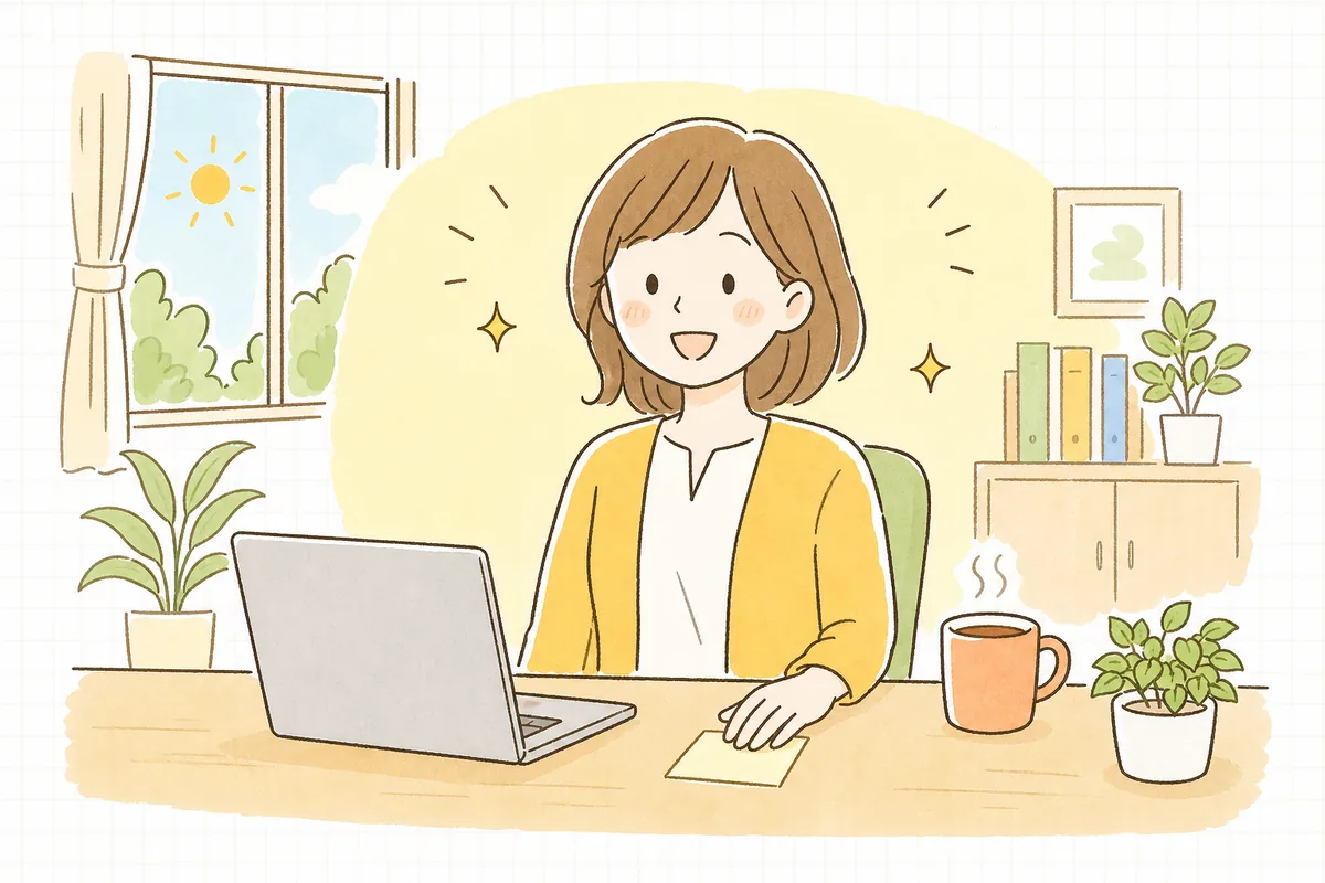 朝の明るい事務所で、売上の計上基準を書いた小さなメモに手を添え、ノートパソコンを前にすっきりした笑顔を見せているひとり経理の担当者
