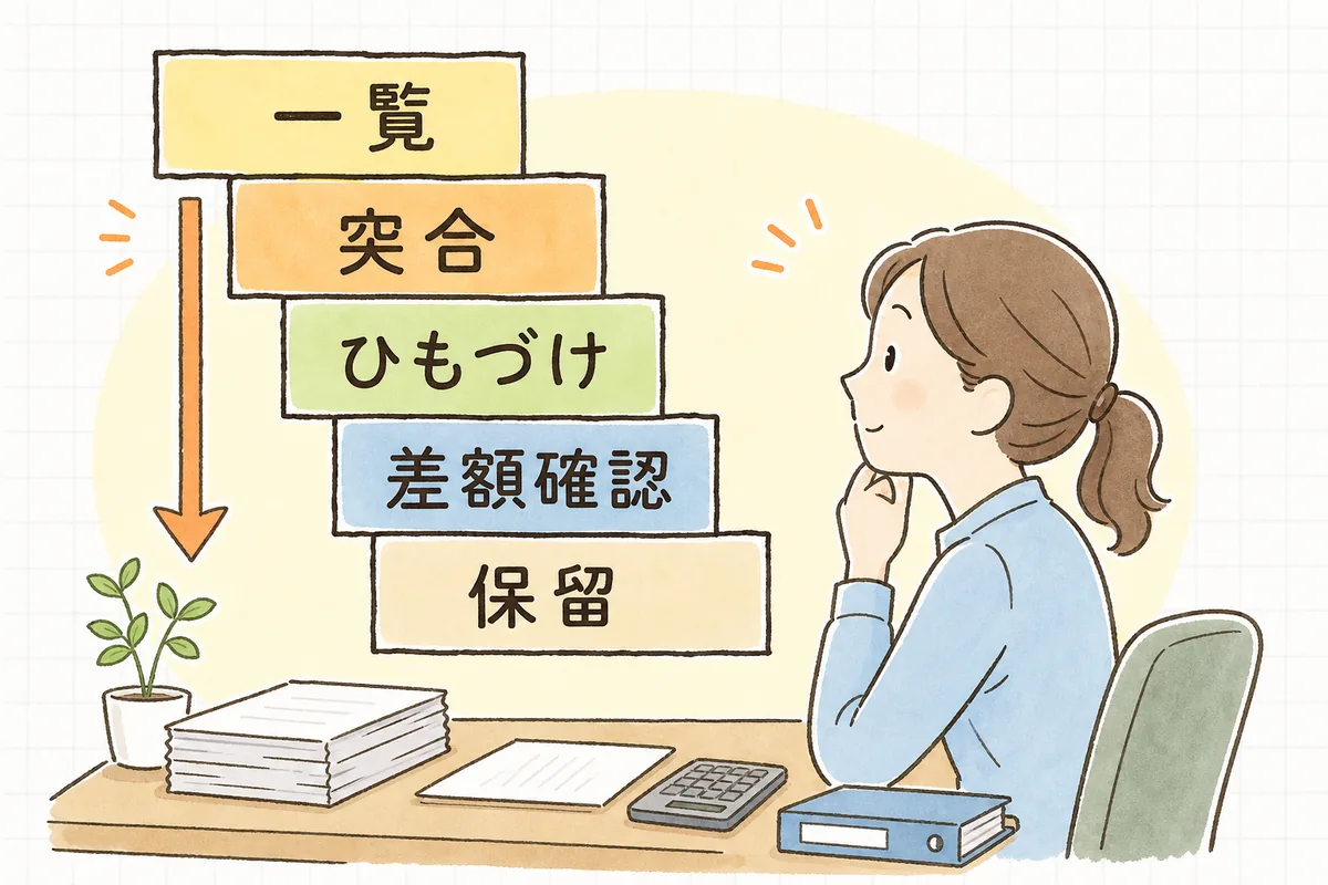 売掛リストの用意・入金明細との突合・ひもづけ・差額確認・保留の順に消し込みを進める流れの図