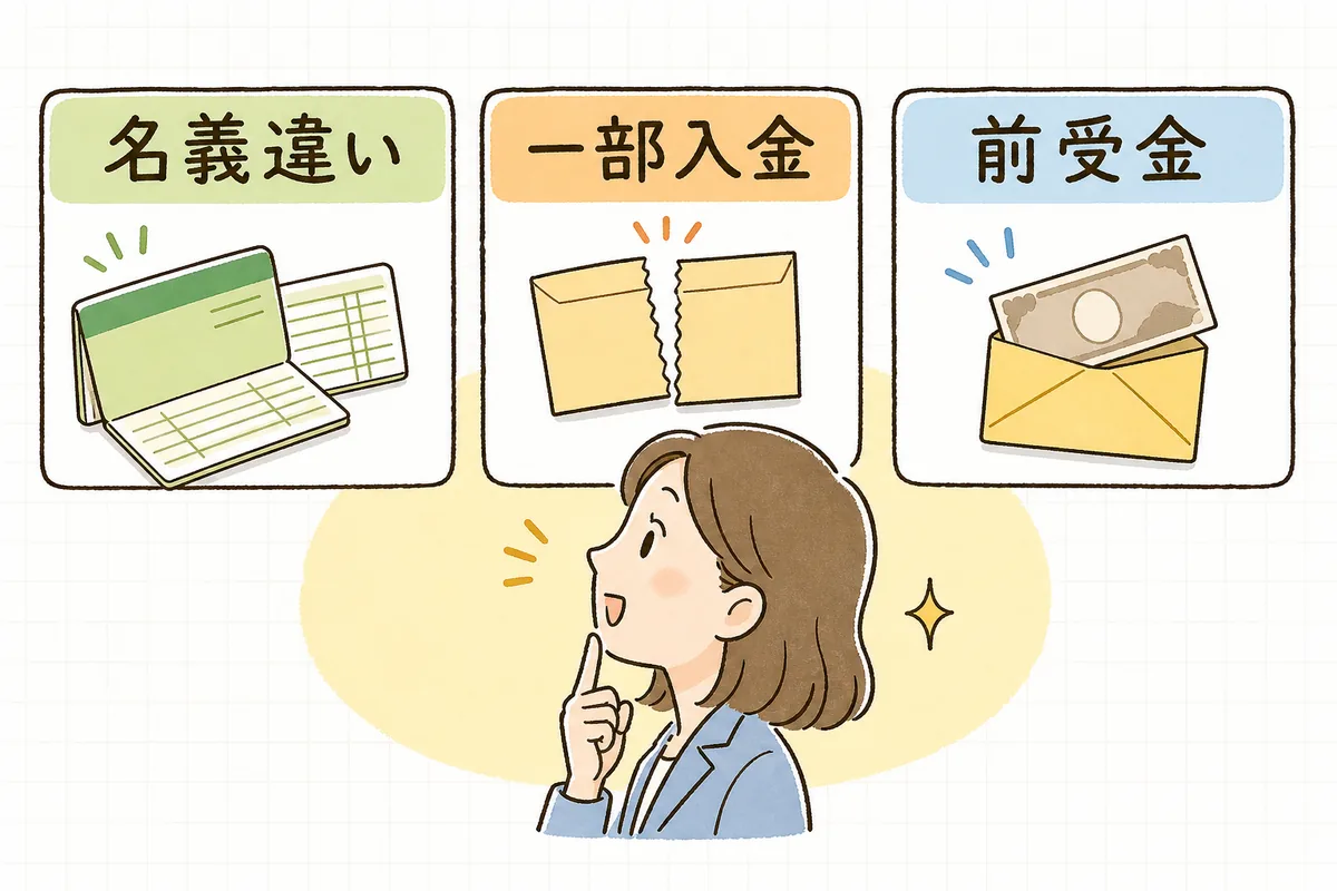 振込名義の違い・一部入金・前受金など、消し込みでつまずきやすい場面を整理した図