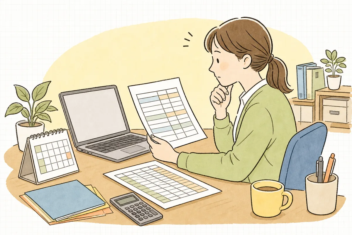 入金予定日を過ぎても入金がない通帳と売掛金の一覧を見比べ、督促のタイミングを考えているひとり経理の担当者