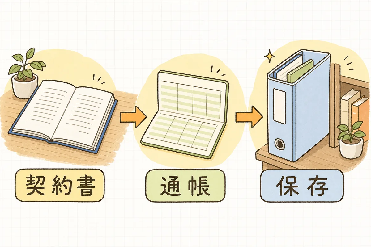 賃貸借契約書と通帳の二つを組み合わせてファイルに保存することで、家賃のインボイス保存の要件を満たすことを示した図