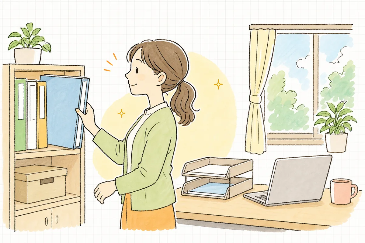 賃貸借契約書と通帳をひとつのファイルにまとめ終えて、肩の力が抜けて少しほっとしているひとり経理の担当者