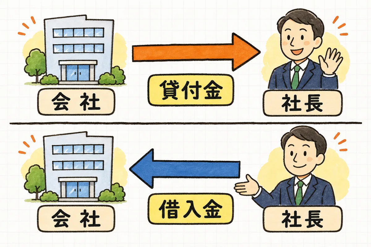 会社から社長へお金が流れるときが貸付金、社長から会社へ流れるときが借入金になることを示した図