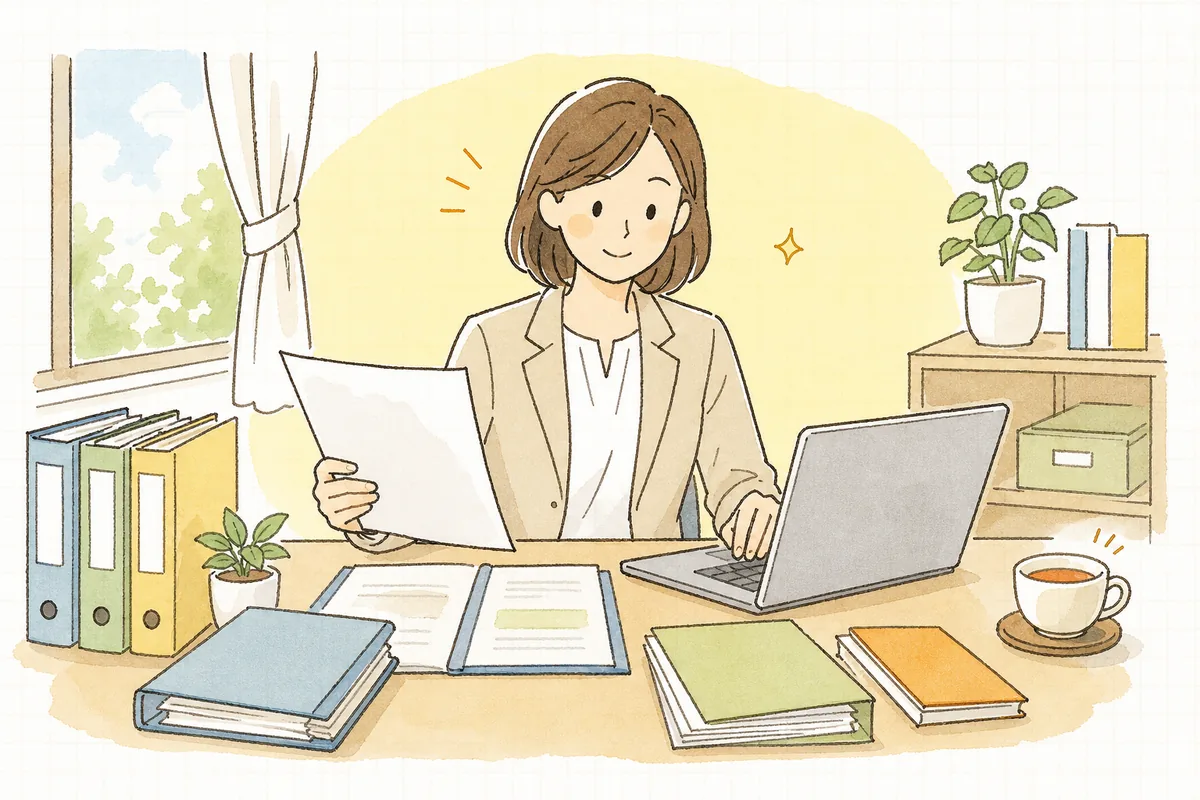 役員貸付金の残高の内訳を確認し終え、資料をきれいにそろえて落ち着いた表情で作業を進めるひとり経理の担当者