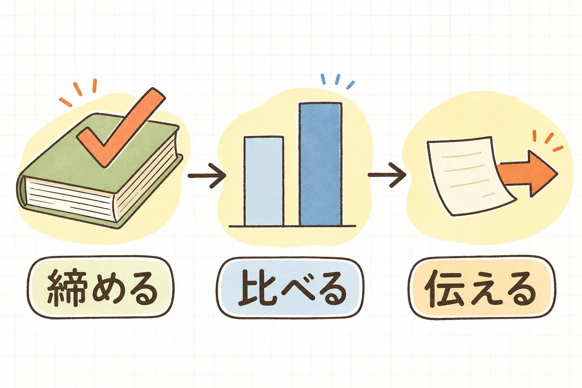 予実管理の毎月の流れを、帳簿を閉じる「締める」、2本の棒を並べる「比べる」、1枚のメモを手渡す「伝える」の3場面で左から右へ示した図