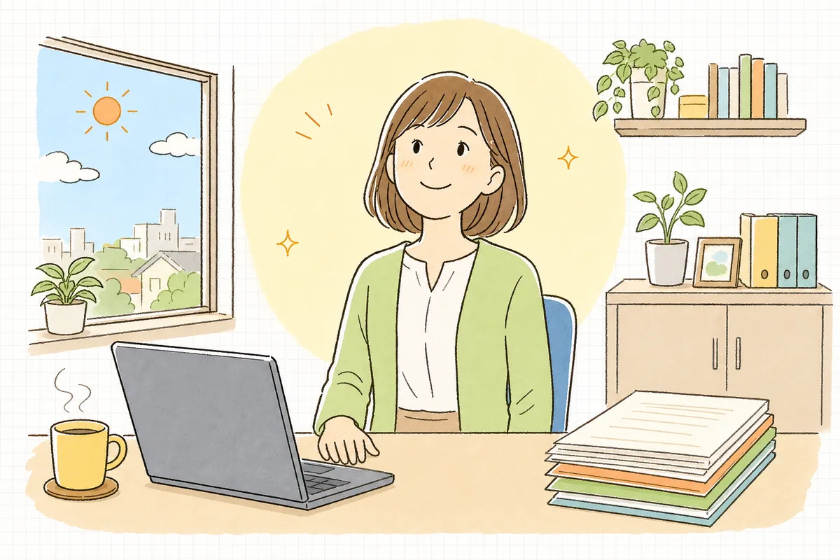 残高の照合を終えて差額の理由をすべて説明できるようになり、肩の力が抜けた穏やかな表情のひとり経理の担当者